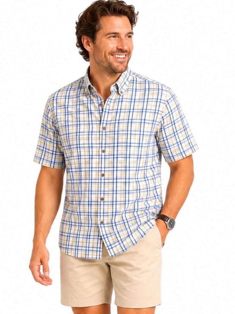 Van Heusen S White Blue Plaid Short Sleeve Casual Button Front Dress Shi…